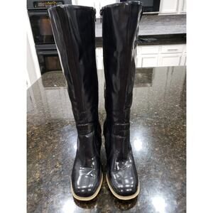 Leila Stone Knee High Boots Women's 8 Black Patent Leather Round Toe Side Zip